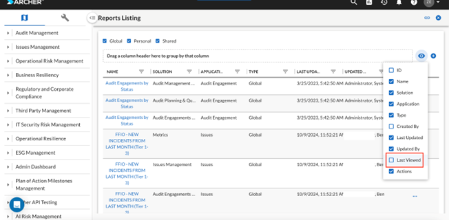The image shows the new Last Viewed checkbox option in the column chooser on the Reports Listing page.